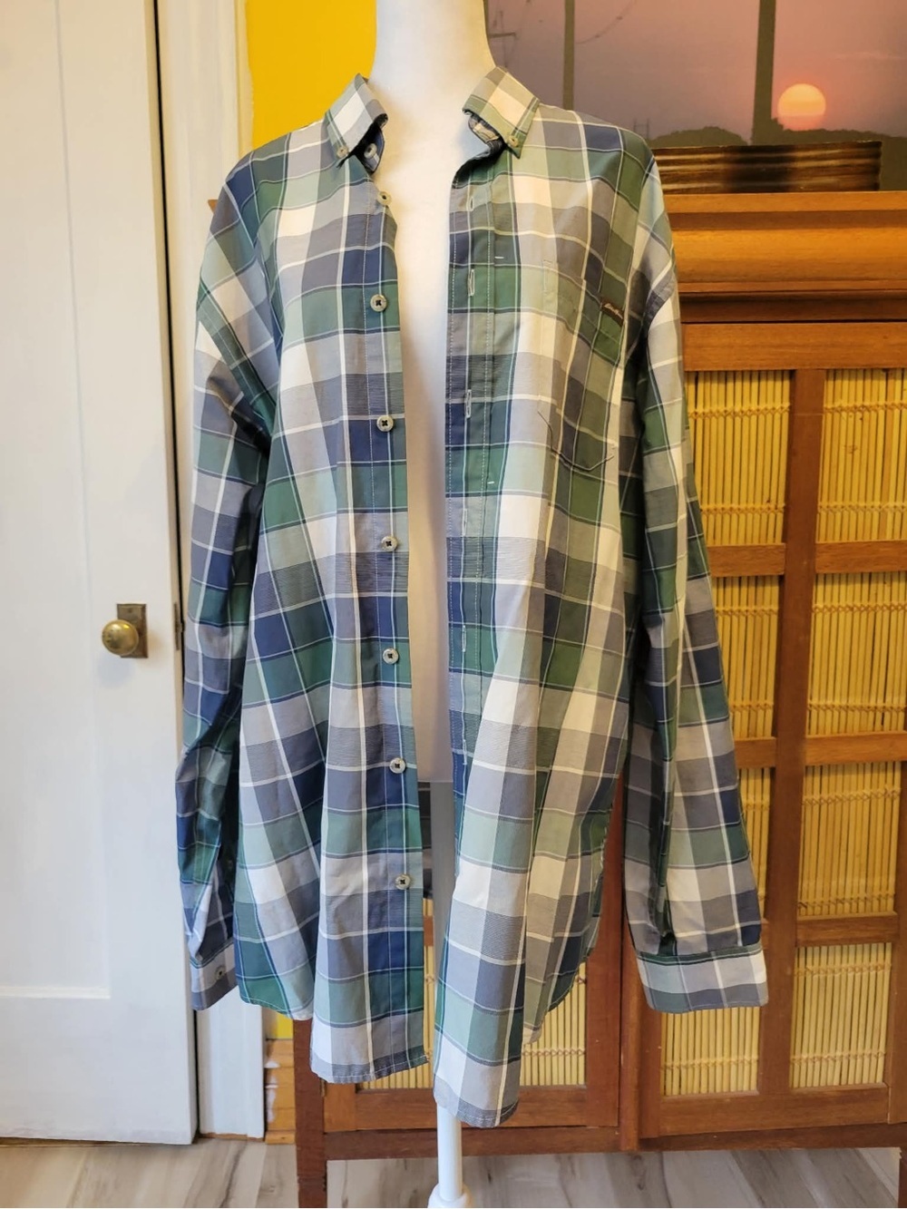 Eddie Bauer Blue, Green & White Plaid Button-Down Shirt